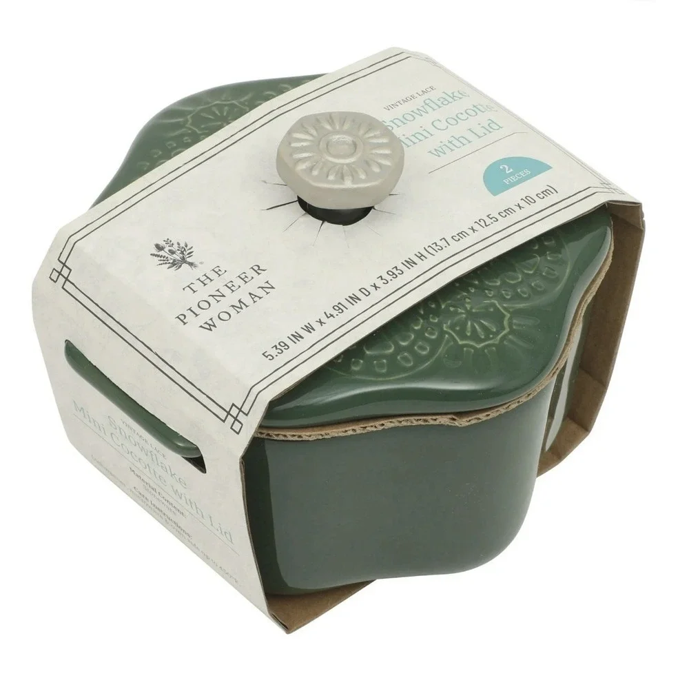 Pioneer Woman Snowflake Mini Cocotte With Lid Stoneware Green Christmas Holidays